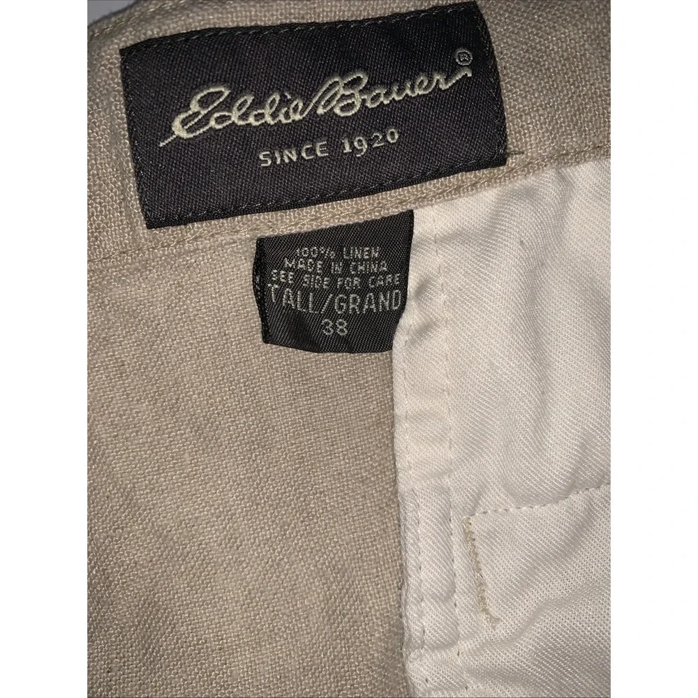 Eddie Bauer 100% Linen Pants Mens 38 Tall Cuffed Pleated Tan Casual Resort 38x32